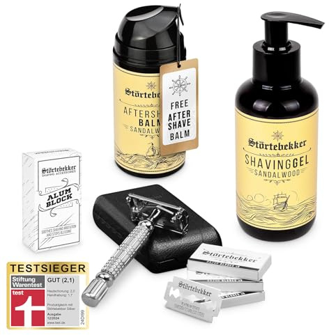 Störtebekker® Premium Rise 'N Shine Shaving Set - Rasierset für Herren - mit Rasierhobel (Silber) inkl. Etui (Schwarz) & 10 Klingen, Rasiergel, After Shave Balm & Alaunstein - Rasier Set Männer