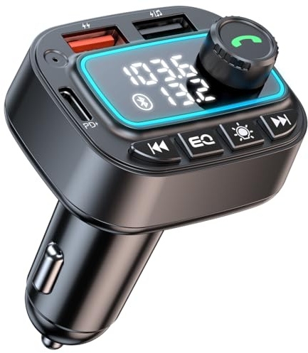 Bluetooth 5.3 Car Adapter FM Transmitter, 42W (PD30W & 12W) USB C Car Charger Wireless Radio Receiver, Hands-Free Calling MP3 Audio Player Cars Kit, Light Switch & Fast Charging & Deep Bass (Black)