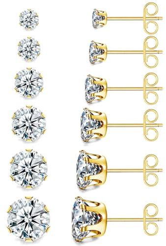 6 Paires Boucle d'Oreille Acier Inoxydable Zircone Cubique Clous d'Oreilles Or Piercing Oreille Cartilage Hélix Tragus pour Homme Femme, 3-8mm