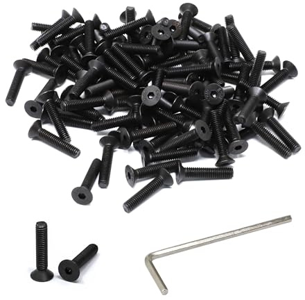 iexcell 100 Pcs M4 x 20mm Thread Pitch 0.7 mm Alloy Steel 12.9 Grade Hex Socket Flat Head Cap Screws Bolts Kit, Black Oxide Finish