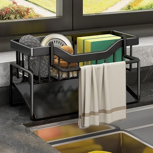Koolkasa Spülbecken Organizer Küche Schwammhalter - Küchen Spüle Organizer mit Spültuchhalter, Metall Sink Organizer mit Automatisch Abflusspfanne（Schwarz）