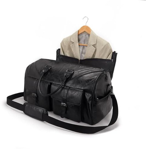 Faltbare Reisetasche Kleidertasche für Reisen, 2 in 1 Hängender Koffer Garment Duffel Bag，PU Leder Gepäcktasche,Unisex Wasserdichter mit Kulturtasche Geeignet für Reisen, Geschäftsreisen(Black)