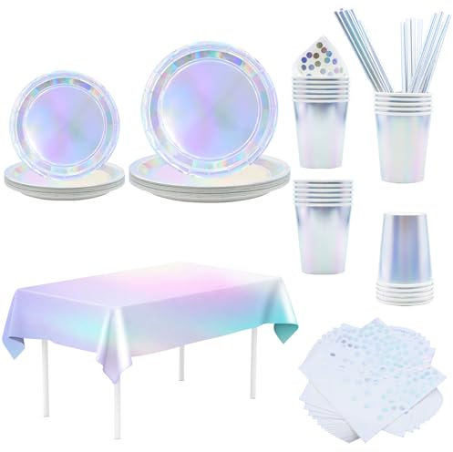 Party Vaisselle, Vexillic 121 Pièces Vaisselles Anniversaire avec Assiette Dîner Papier Paille Assiettes Tasses Serviettes Nappe de Table Décorations Anniversaire pour 24 Invités