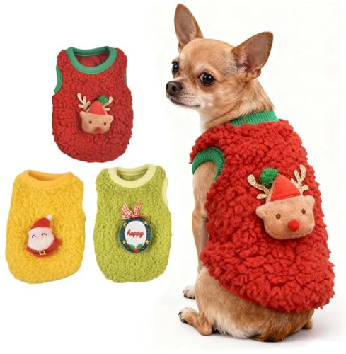 FLAdorepet 3 Packs Christmas Teacup Dog Cat XXS Clothes for Chihuahua Yorkie,Winter Warm Fleece Puppy Pet Clothes Sweater Shirt Vest for Mini Newborn Extra Small Dogs (Christmas, XXS(Pet 1-2LBS))