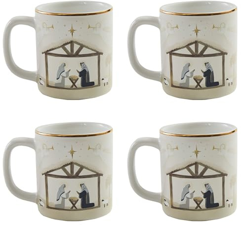 Split P Away In a Manger Mug Set of 4 | Holiday Ceramic Drinkware with Nativity Scene, Angels & Gold Rim | Festive Coffee Cups for Hot Cocoa Tea or Lattes | Decorative Christmas Accent for Gatherings