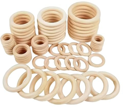 XAGMODSHN 40 Stück unlackierte Holzringe zum Basteln, Ringe, Anhänger und Verbinder, 8 Größen, 15–50 mm, Holzringe für Schmuckherstellung