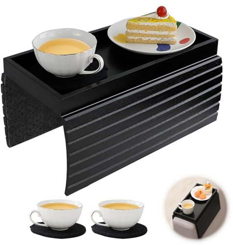 Vassoio da Divano con Tappetini a Tazza, Pieghevole Vassoio da Braccio per Divano in Bambù, Tavolino da Braccio per Divano Vassoio Antiscivolo per Snack, Telefono, Telecomando, Tazze (Nero)