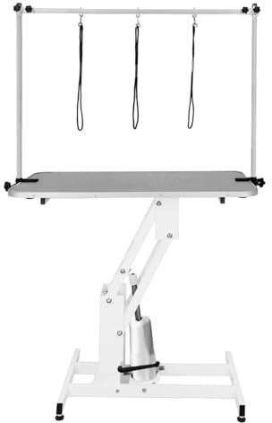 Table Toilettage Hydraulique - Cadre Acier Blanc Robuste & Plateau Antidérapant Gris 106 x 61cm - Hauteur 55 à 100cm - Capacité 180 kg - Toilettage Chien Animaux Professionnel.[3 Sangles INCLUSES]