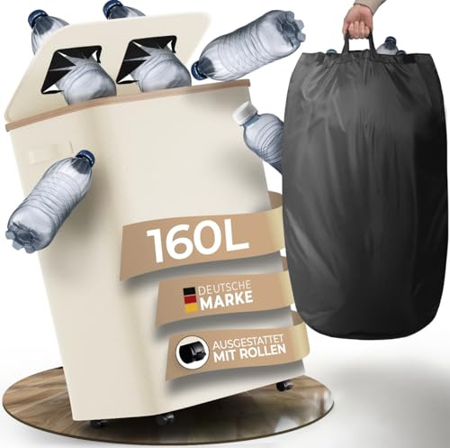 Weidenbach Récipient de collecte de bouteilles, 160 l, avec roulettes et couvercle, avec sac de transport amovible, extra large, pour le rangement de bouteilles consignées, vides, beige