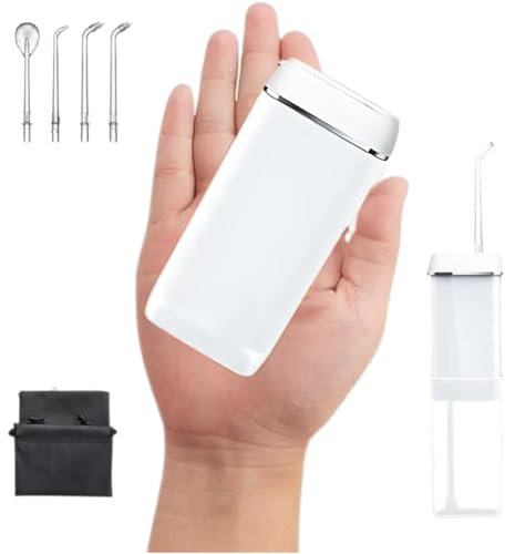 Irrigador Dental Portatil 140 ml - Irrigador Dental Viaje IPX7 con 3 Modos y 4 Boquillas | Mini Irrigador Bucal Recargable Eliminador de Sarro, Limpiador de Dientes y Encías para Casa, Viajes, Blanco