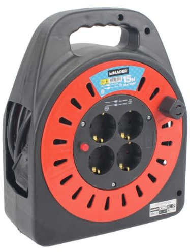 Enrollador eléctrico extensible de 15m, 4 tomas, cable de 3x1,5mm, ideal para uso doméstico y profesional en tareas de alimentación eléctrica.