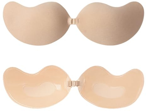 FUIPVGI 2 Pack Sticky Bra Push Up,Women's Invisible Strapless Bras,Backless Invisible Bra for Women,Reusable Strapless Bras Push up Sticky Boob Covers for Backless Dress Wedding Evening Party(Nude,B)