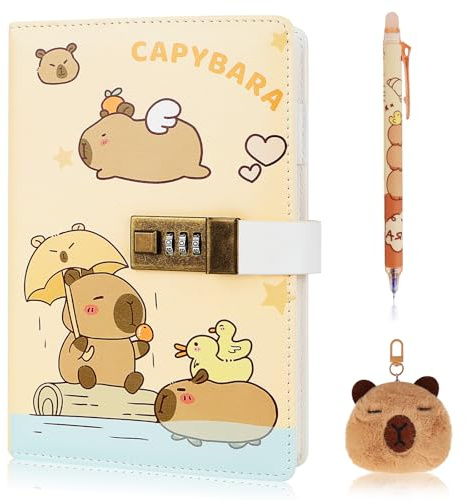 IETWATE Capybara dagbok med låsset: A5 linjerad dagbok med kod, 256 sidor anteckningsbok barn, dagbok barn med penna och Capybara nyckelring, för flickor pojkar kvinnor män