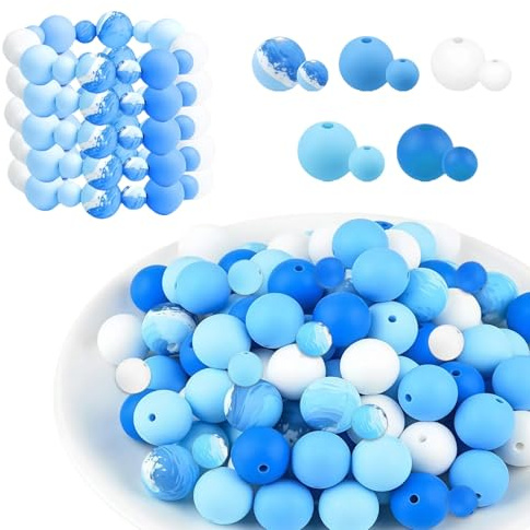 LUMOOM Lot de 100 perles en silicone multicolores de 9 mm et 15 mm, perles à enfiler avec trou, pour bracelets, stylos, porte-clés, colliers (bleu blanc)