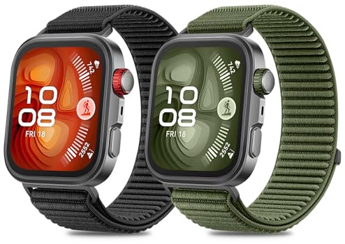 MIJOBS 2 nylonremmar kompatibla för Huawei Watch Fit 3/4/4Pro ersättningsarmband, klocktillbehör, lätt, mjuk, bekväm, tvättbar, andningsbar, snabbtorkande, unisex, Svart och grön, Klassisk