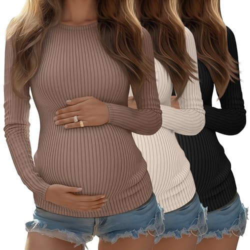 Riyiper Lot de 4 Chemises de Maternité pour Femmes, Manches Longues, Tricot Côtelé, Tuniques de Grossesse en Coton