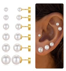 TINGN 6 Paar Ohrstecker Silber für Damen Herren Klein Flatback Ohrstecker Piercing CZ/Perlen/Runde Kugelschraube Flat Back Knorpel Ohrringe Set