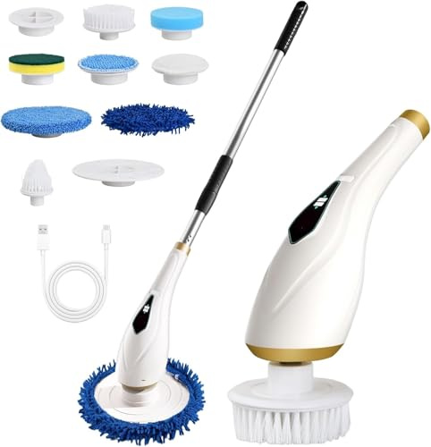 Focenat Brosse Nettoyage Electrique, Brosse Electrique Nettoyage Rotative La Maison, Brosses électriques avec Tige Télescopique Et 8 Têtes De Brosses Interchangeables pour Salle De Bain,Sol,Cuisine