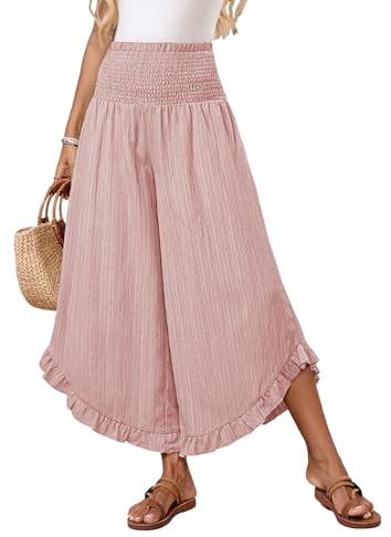Samefar Womens Wide Leg Pants Casual High Waist Palazzo Pants Flowy Hem | 2026 Soft Fabric with Smocked Waist, Baggy Ruffle Hem, Perfect for Summer, Vacations, Beach and Casual Pink Large