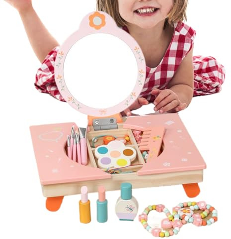 Schminktisch Spielset Für Kinder | Holz Schminktisch mit Spiegel,Klappbares Rollenspiel Kinder Beauty Set Mit Kamm Und Kosmetik-Utensilien - Für Kinderzimmer Geburtstag Weihnachten Spielzimmer