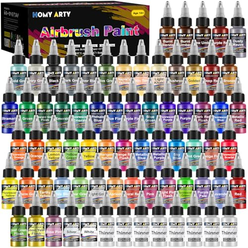 HOMY ARTY Pintura de Aerógrafo – 64 Colores + 8 Diluyentes, con Pinturas para Maquetas, Pintura para Aerógrafo Lista para usar, para Metal, Plástico, Maquetas, Lienzo, Madera – 20 ml