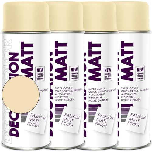 Deco Color 4er Sparpack Lackspray Matt nach RAL in 400ml zur Lackierung von Auto Stahl Aluminium Beton Holz (4 Dosen in hellelfenbein MATT RAL 1015)