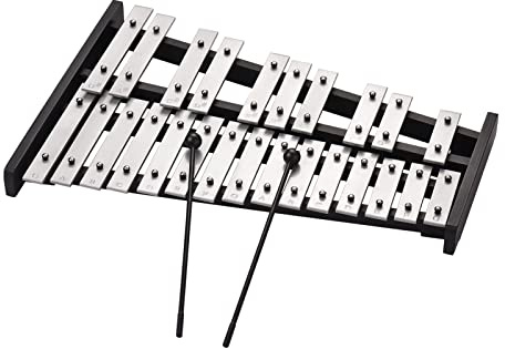 RASTKY Glockenspiel-Xylophon mit 25 Tönen, Holzsockel, Fein Abgestimmte Aluminiumstäbe, Musikgeschenk für Kinder und Erwachsene, Musikliebhaber, Farbe Schwarz und Silber