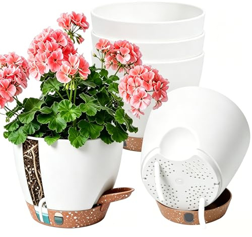Anhow Macetas Autorriego Juego de 5, Ø 20 cm Macetero de Auto-riego Macetas Plastico con Agujeros de Drenaje Maceteros Decorativos Interior para la Cocina, Balcón, Plantas de Jardín, Blanco