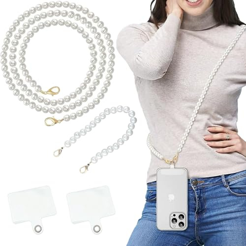 RPHONGHONG 2 Stück Handykette Perlen, 120CM+30CM Perlen-Besetzte Phone Strap Handyband zum Umhängen Damen Lang Perlen Handykette für Lanyard Handyband zum Umhängen Phone Strap