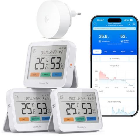 GoveeLife WLAN Thermometer Hygrometer Innen, 5-in-1 Wetterstation Funk | mit Benachrichtigungsalarm, Taupunkt/VPD/Wettervorhersage Großes LCD Display, für Schlafzimmer, keller, Gewächshaus, 3er Set