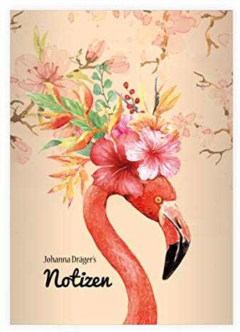 4 personalisierte Schicke Flamingo DIN A4 Schulhefte, Rechenhefte mit üppigen Kischblüten, orange Lineatur 22 (kariertes Heft 16 Blatt/32 Seiten) Notizheft, Kladde für Schule, Universität, Büro