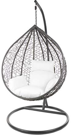 Kideo Komplettset: großer Hängesessel mit Gestell & Kissen, Lounge Möbel, Poly-Rattan (Korb & Gestell: grau, Kissen: weiß Nest (1000 Snow))