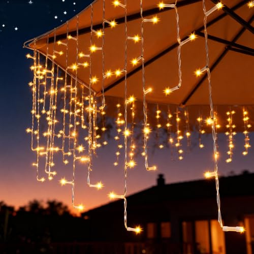 Zichaojia Eisregen Lichterkette Außen, LED Lichtervorhang mit Timer, IP44 Wasserdicht 8 Modi für Innenausstattung Außenbereich Schlafzimmer Hochzeit Weihnachten Party (400 LED 10m, Warmweiß)