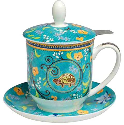 TeaLogic Kräuterteetasse Set Clara - mit Sieb Deckel und Untertasse I Tea Logic Becher Tasse mit Schildkröten Motiv - Fine Bone China - 4 tlg. (0,35ml)