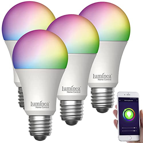 Luminea Home Control Alexa Glühbirnen: 4er-Set WLAN-LED-Lampen, E27, RGB-CCT, 11W(ersetzt 120W), 1.055lm, App (WLAN-Birne Alexa, Birnen E27, Farbe)