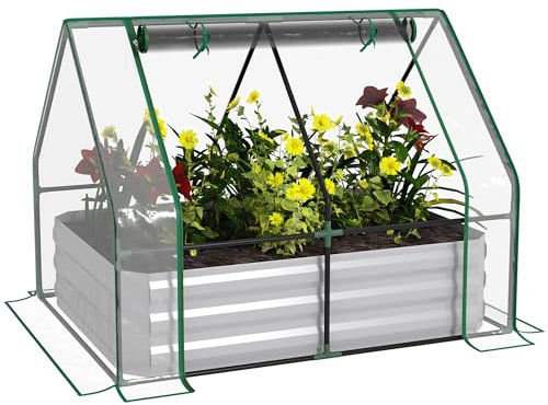 Outsunny Raised Garden Bed with Greenhouse, Steel Planter Box with Plastic Cover, Roll Up Window, Dual Use for Flowers, Vegetables, Fruits and Herbs, 127L x 95W x 92H cm, Clear
