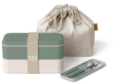 monbento - Set Natural Porta Pranzo Lunch Box - Con Bento Box MB Original con Scomparti Made in France, Set di Posate MB Slim Box, Borsa Bento MB Pochette M - Senza BPA - Verde