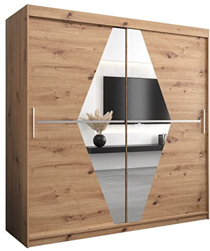 Kryspol Schwebetürenschrank Boliwia 200 cm mit Spiegel Kleiderschrank mit Kleiderstange und Einlegeboden Schlafzimmer- Wohnzimmerschrank Schiebetüren Modern Design (Artisan Eiche)
