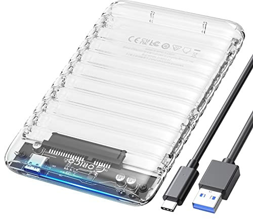 Festplattengehäuse 2 5 Zoll USB C, ORICO 6Gbps Transparent Extern Gehäuse für 2.5 Zoll 7-9,5mm SATA I II III HDD/SSD, Unterstützt 6 TB, UASP, Werkzeugfreie, Tragbar SSD Gehäuse mit USB Kabe(2139C3)