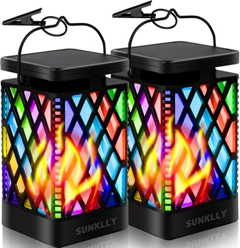 Sunklly Solar Lanterns- Hanging Solar Lights Outdoor Flickering Flame Hanging Lanterns Decorative Outdoor Lighting Solar Powered Waterproof LED Flame Umbrella Lights for Patio Garden, 2 Pack