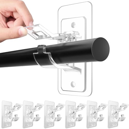 Antimbee 6-Pack No Drill Needed Curtain Rod Holders, Self Adhesive Rod Brackets, Multipurpose Nail-Free Stick on Curtain Rod Hooks Hangers for Dorm, Kitchen, Home, Bathroom, Transparent