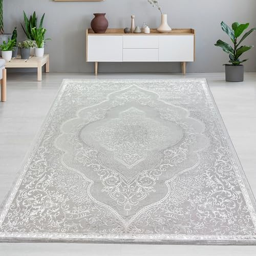 CARPETIA Wohnzimmer Teppich Wohnzimmerteppich mit Verzierungen • Hoch-Tief-Effekt • glänzend Silber grau-beige, 200 x 290 cm