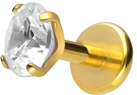 PIERCINGLINE Titan Labret mit Push Fit EINGEFASSTER KRISTALL Piercing Ohr Conch Tragus Lippe Nase Medusa Goldfarben 1,2x6x4 mm