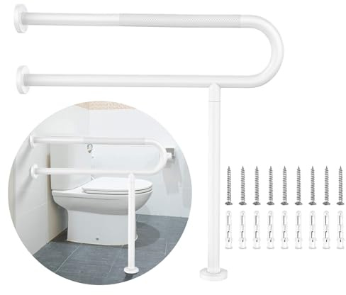 32 Inch White Toilet Support Rail, Munzong Floor to Wall Handicap Grab Bar | Bathroom Anti-Slip Stainless Steel Knurled Safety handrails with Leg for Elderly Disabled Pregnant-1.25’Tube