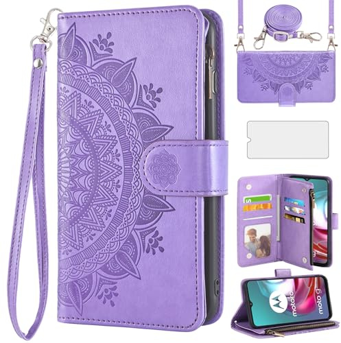 Asuwish Funda para Motorola Moto G30/G20/G10 con Correa y Protector de Pantalla Ranura para Tarjetas Plegable Cuero Flores Billetera Soporte G 30 20 10 Power 30G Fundas para teléfono móvil Funda Prot