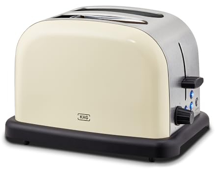 KHG Edelstahl Toaster mit Brötchenaufsatz, 2 Scheiben, American, American | 6 Bräunungsstufen mit Bräunungskontrolle, Krümelfach, 1000 W Leistung, Außengehäuse, creme, Retro, Vintage
