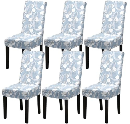 HZDHCLH Stuhlhussen 4er Set Stuhlbezüge Stretch abnehmbar, waschbar, Esszimmerstuhl-Schutzsitz für Hotel Restaurant Küche Hochzeitsfeier（Blaue Tulpe/6 Stück）