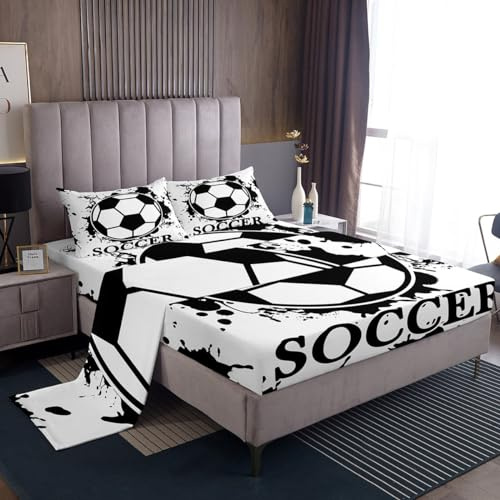 Feelyou Soccer Bed Sheets Tie Dye Sheet Set for Kids Boys Girls Teens Room Decor Black White Bed Set Queen Size Sports Games Sheets 4Pcs,1 Fitted Sheet+2 Pillow Sham+1 Flat Sheet
