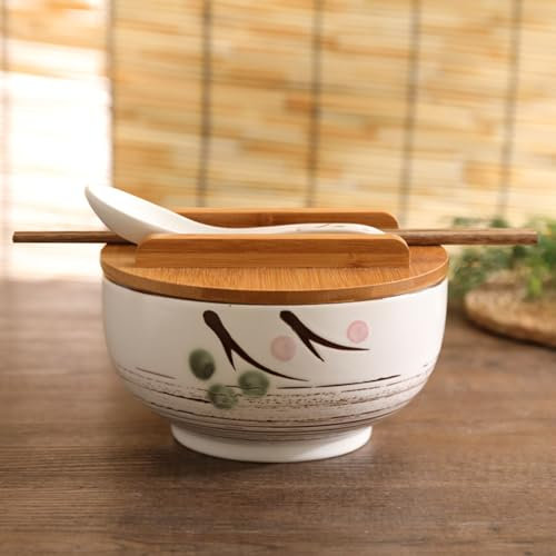 Cuenco japonés de cerámica, cuencos de cereales, cuencos de porcelana con tapa, cuenco de ramen vintage con tapa, cuenco de fideos, ensaladera, cuenco de sopa con tapa de madera (negro, blanco) (Colo