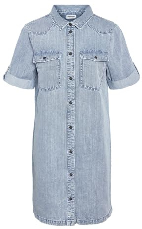 NOISY MAY Damen Kurzarm Kleid Midi Denim Blusenkleid Hemdkragen und Brusttaschen, Farben:Hellblau, Größe:XL